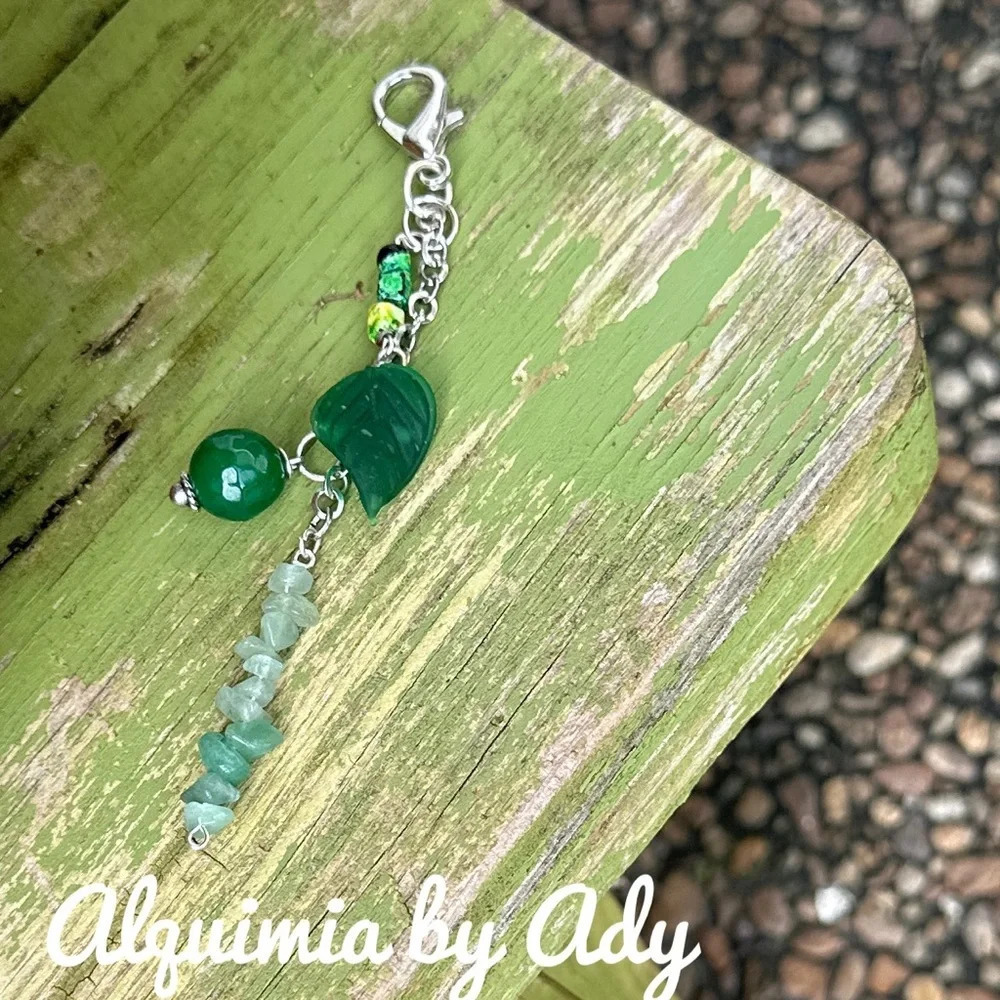 SEAGLASS LEAF +FRINGE  bag charms key card holder +Aventurine and jade